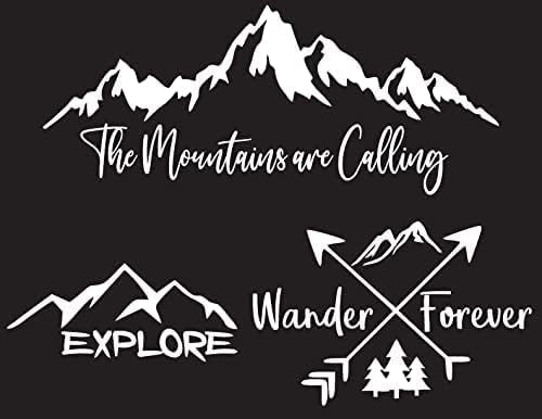 עיצובים של Luloop - מדבקות הרים 3 חבילה: חקור, הרים מתקשרים, משוטטים לנצח פשוט - לבן - בחוץ קמפינג קמפינג