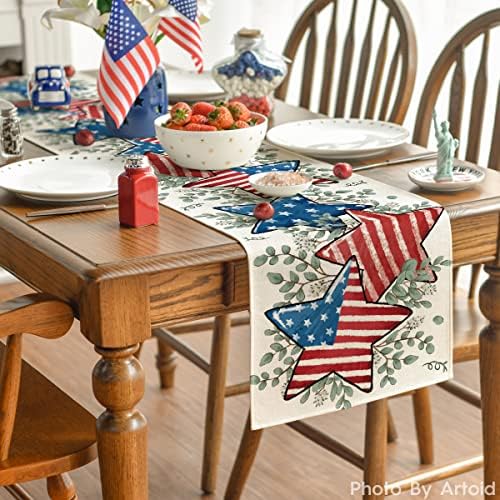 ארטואיד מצב אמריקאי דגל כוכבים אקליפטוס 4 ביולי שולחן רץ, יום זיכרון מטבח אוכל שולחן קישוט לבית המפלגה דקור