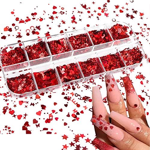 חג האהבה אדום לב הולוגרפית נייל גליטר נצנצים אביזרי 3 ד נייל פתיתי פולני אקריליק לב אהבת מכתבי עיצוב עבור