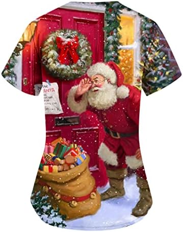 קרצוף לחג המולד לנשים חולצות קרצוף חג המולד רכות עם כיסים שרוול קצר V לבוש עבודה בצוואר חגים חמודים