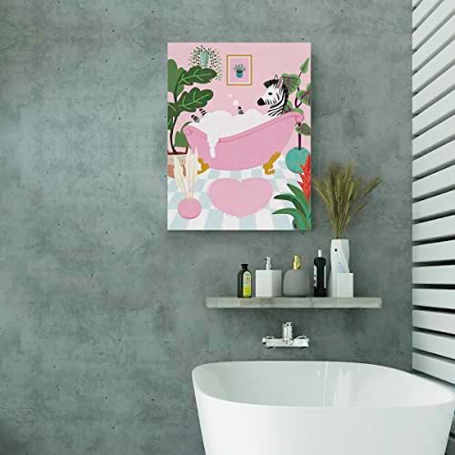 זברה באמבטיה בד פוסטר ציור אמנות קיר אמבטיה, זברה בוטנית יצירות אמנות ממוסגרות דפוס ורוד מוכן לתלייה לשירותים