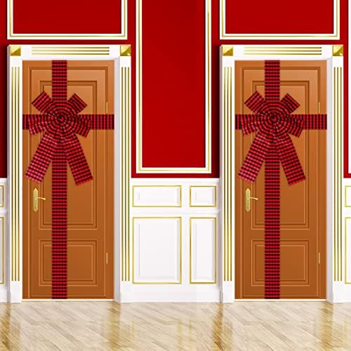 GISGFIM 2 PCS ארון חג המולד דלת סרט סרט Big Bufflo משובץ קשת דלת גדולה תחרה עץ חג המולד