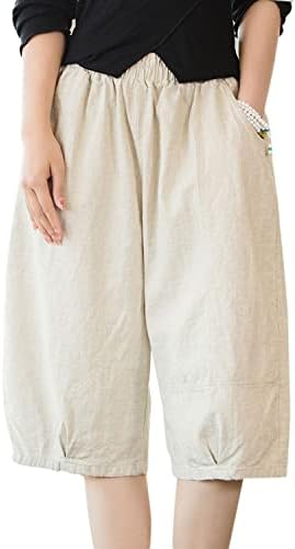 מכנסי פשתן קיץ של AeneOntrue לנשים מותניים אלסטיים רגל רחבה ברמודה מכנסיים קצרים עם כיסים