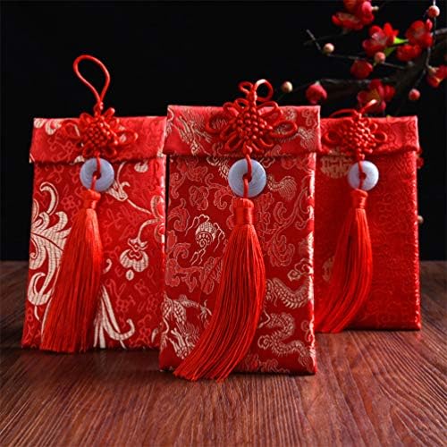4 יחידות משי אדום מעטפות עם ציצית מזל כסף מעטפות מתנה לעטוף שקיות כיסים הסיני חדש שנה המפלגה טובות אספקת