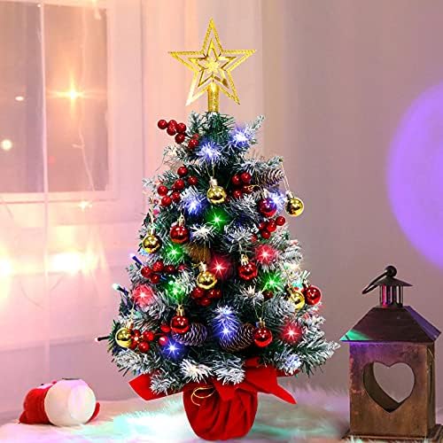 Cyaooi 24 עץ חג המולד מיני, עץ חג מולד קטן מלאכותי עם אורות מיתר LED ארבעה צבעים, עץ חג המולד של השולחן