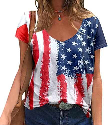 ZDFER יום עצמאות חולצה לנשים נ 'צוואר צוואר שרוול קצר דגל אמריקאי דגל מודפס חולצה מזדמנת טיז גרפי רופף