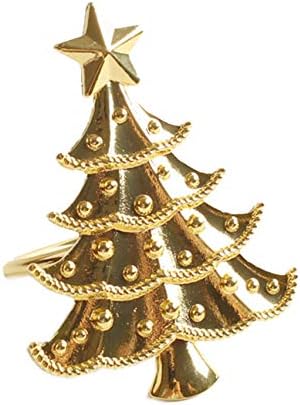 פנקו סטיילס עץ חג המולד טבעות מפיות מתכת, סט של 4 - מחזיקי מפיות דקורטיביים מכסף לחג, עיצוב שולחן אוכל, אירועים,