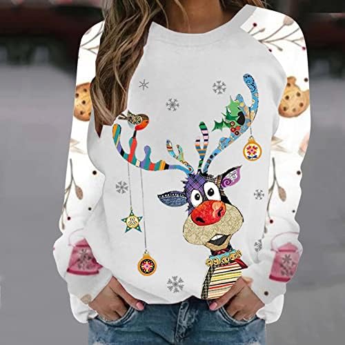 סוודר מכוער לחג המולד נשים מצחיקות איילים חמודים גרפיים צווארון חג המולד סווטשירט צבעוני צבע שרוול
