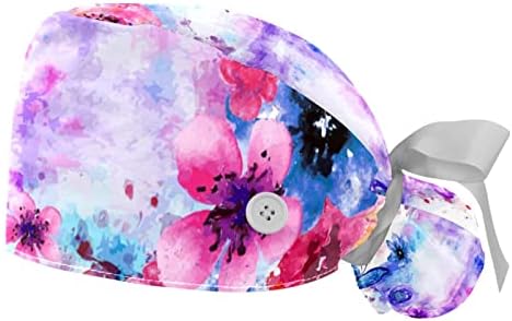 2 חבילות כובע העבודה של נשים עם כפתורים סרט קשר קשירה לאחור של פרחי פרחים פרחים דפוס וינטג 'מכסה שיער