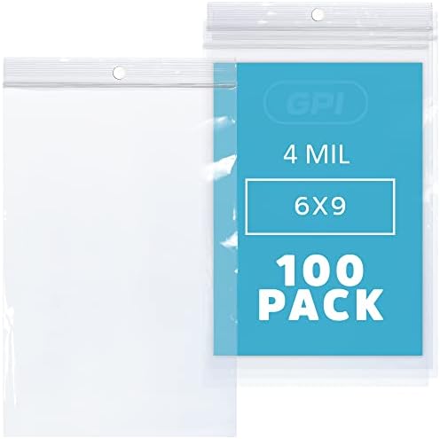 GPI-6 x 9 שקיות רוכסן פלסטיק ברורות, 100 ספירה, שקיות פולי עמידות כבדות בעובי 4 מיל עם נעילת