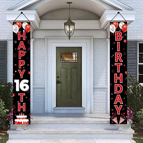 אדום ושחור קישוטי יום הולדת 16 דלתות דלת לנשים, אדום שחור שמח 16 אספקת מסיבות שלטי יום הולדת למרפסת יום