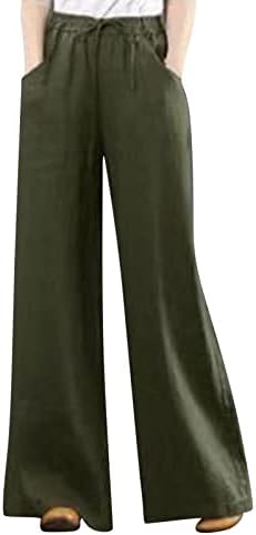 נשים כותנה רך פאלאצו רחב רגל מכנסיים עם כיסים גבוהה מותן מזדמן רופף מכנסיים זורמים עם חגורה