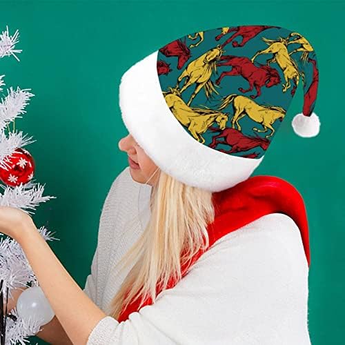 אדום וצהוב סוסים חג המולד כובע סנטה כובע עבור יוניסקס מבוגרים נוחות קלאסי חג המולד כובע עבור מסיבת חג המולד