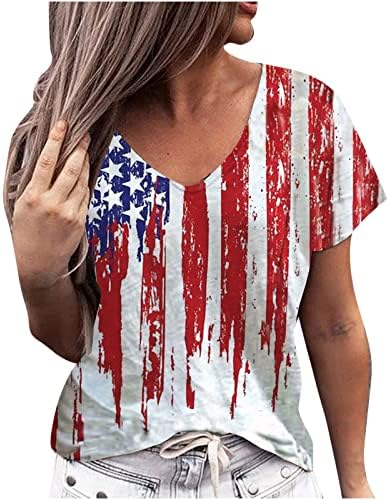 צמרות טוניקה של שרוול קצר לנשים צוואר V צוואר דגל אמריקאי חמוד מודפס טייז חולצת חולצת חולצות נוחות מזדמנת
