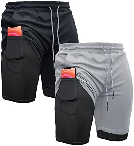 מכנסי ספורט לגברים 2 ב-1 אימון כושר ריצה 7 מכנסיים קצרים עם לולאת מגבת