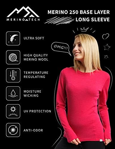 Merino.Tech Merino Wool Layer Layer נשים צמר מרינו קל משקל קל, חולצות תרמיות של שרוול ארוך משקל אמצעי