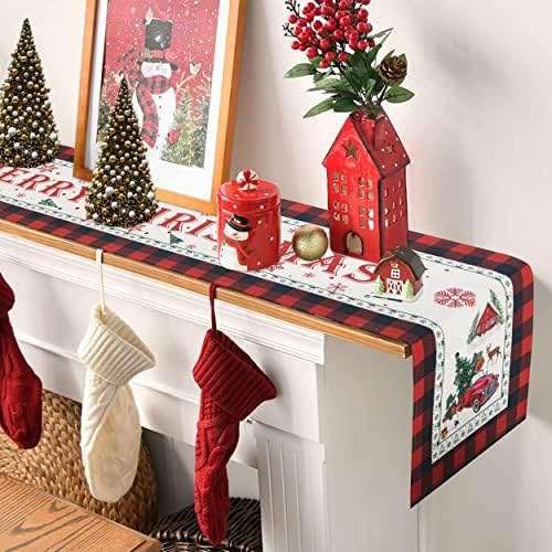 חג המולד רץ עבור שולחן רצי 72 סנטימטרים ארוך, איילים שלג עצי חג המולד משאית באפלו משובץ אדום חווה חג המולד