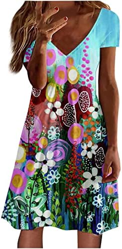 נשים של קיץ קצר שרוול שמלה מזדמן עמוק צוואר חוף שמלת אונליין נדנדה זורם מידי שמלות אלגנטי רופף מפלגה
