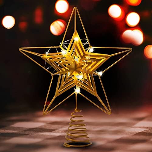 טופרי עץ חג המולד של ג'וידומי, טופר עץ כוכבי זהב מתכת מואר באורות LED לבנים חמים לקישוטי עץ חג המולד,