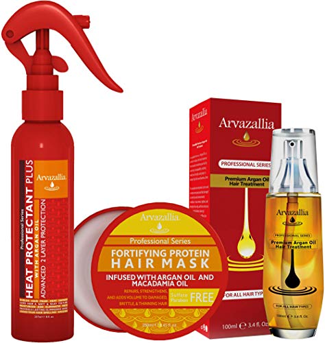 ארווזליה מגן חום, מסכת שיער חלבונית וצרור טיפולי שיער פרימיום בשמן ארגן-טיפולי טיפוח השיער האולטימטיביים