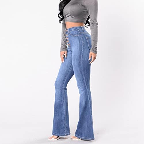 Maiyifu-GJ נשים רזה מתלקחות ג'ינס ג'ינס מותן גבוה כפתור פעמון פעמון מכנסי ג'ינס גמבים אלסטיים מותניים